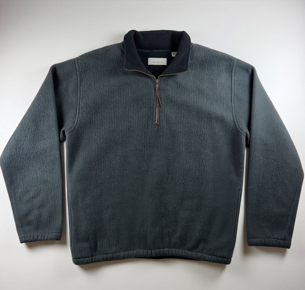 Vintage 90s Bill Blass Charcoal Gray Fleece Pullover Mens L 1/4 Zip Leather Pull